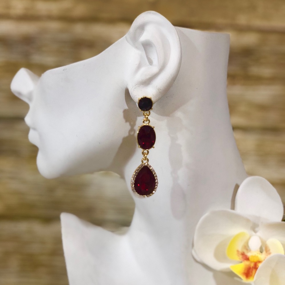 Nwt Tri-Tier Crystal Drop Statement Earrings Red - image 1